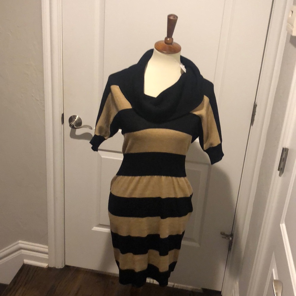 Loft black and camel striped sweater dress
